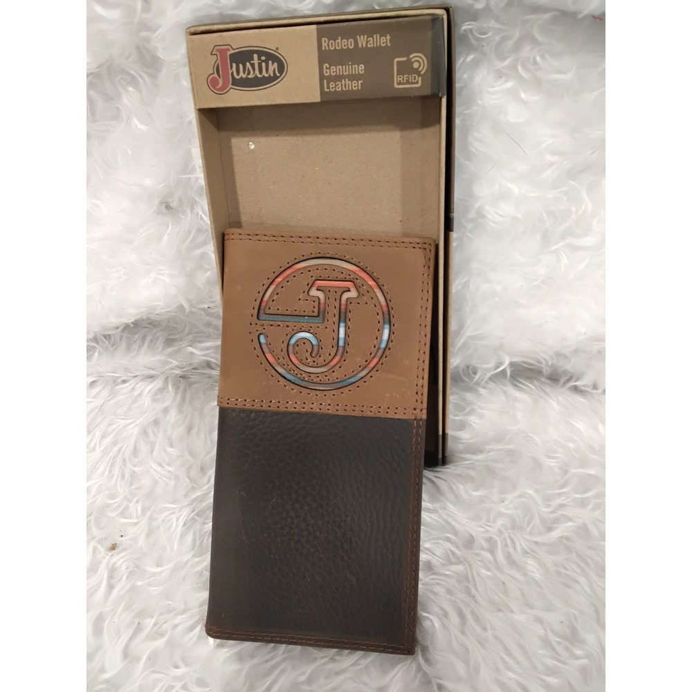 Justin Mens Rodeo‎ Wallet Genuine Leather RFID Brown Tan Embossed J Logo